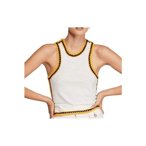 Free People Black Yellow Ivory Bora Bora Racerback Crochet Linen Blend Trim Tank - Picture 9 of 11